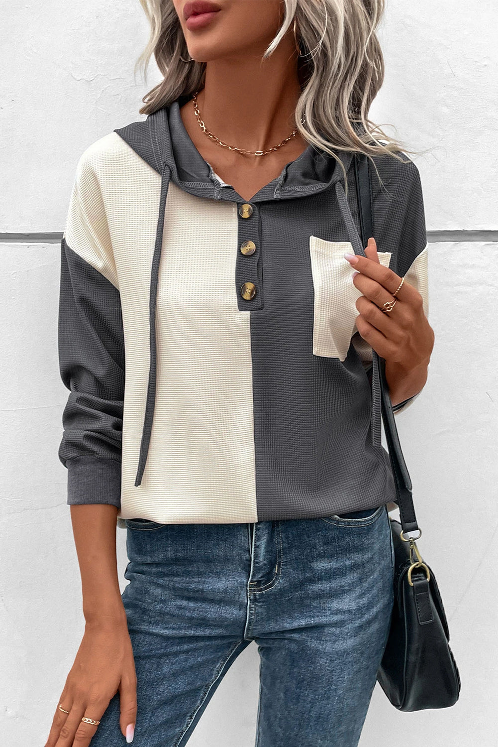 Dark Grey Waffle Colorblock Button Drawstring Hoodie