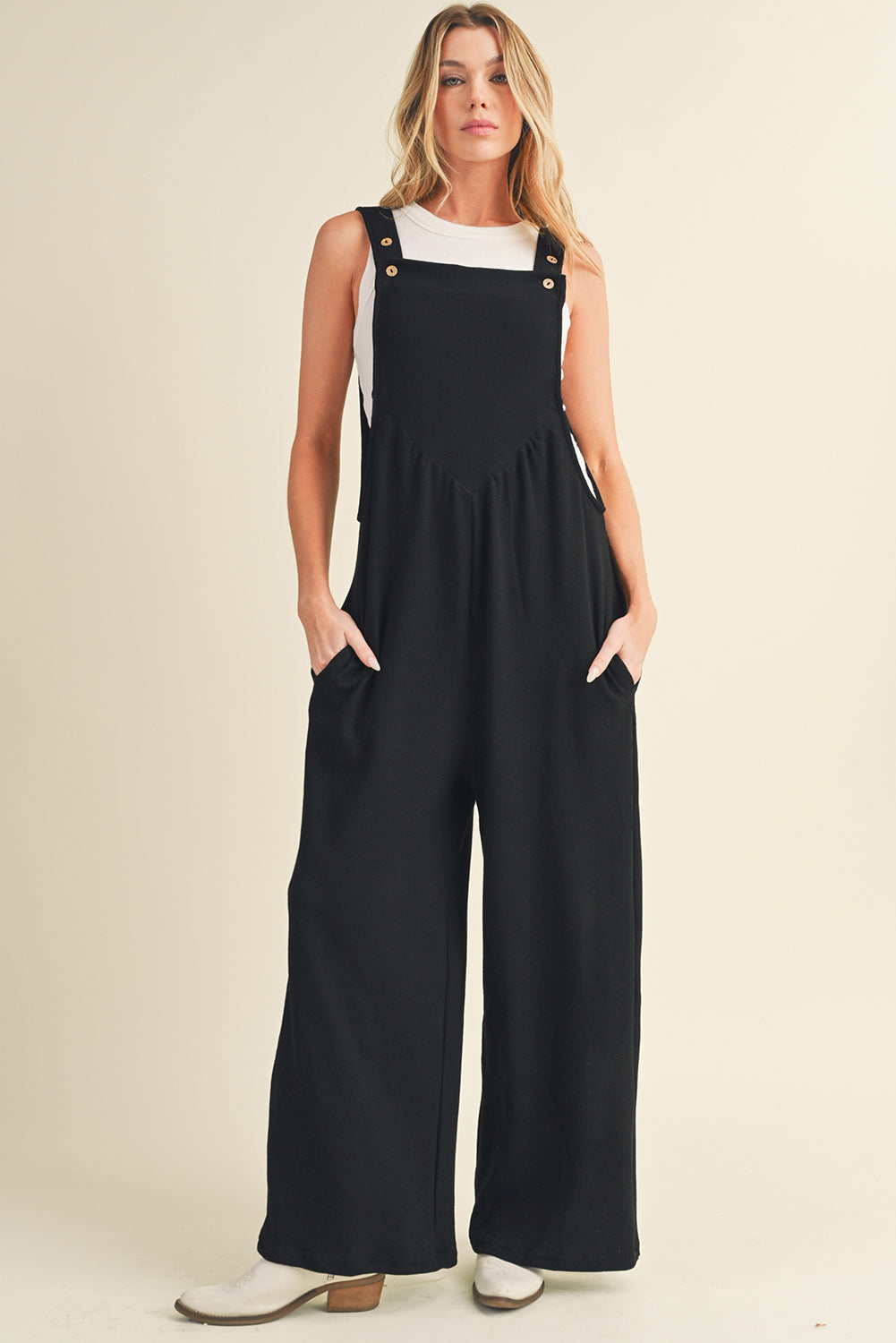 Gold Flame Buttoned Straps Ruched Wide Leg Jumpsuit