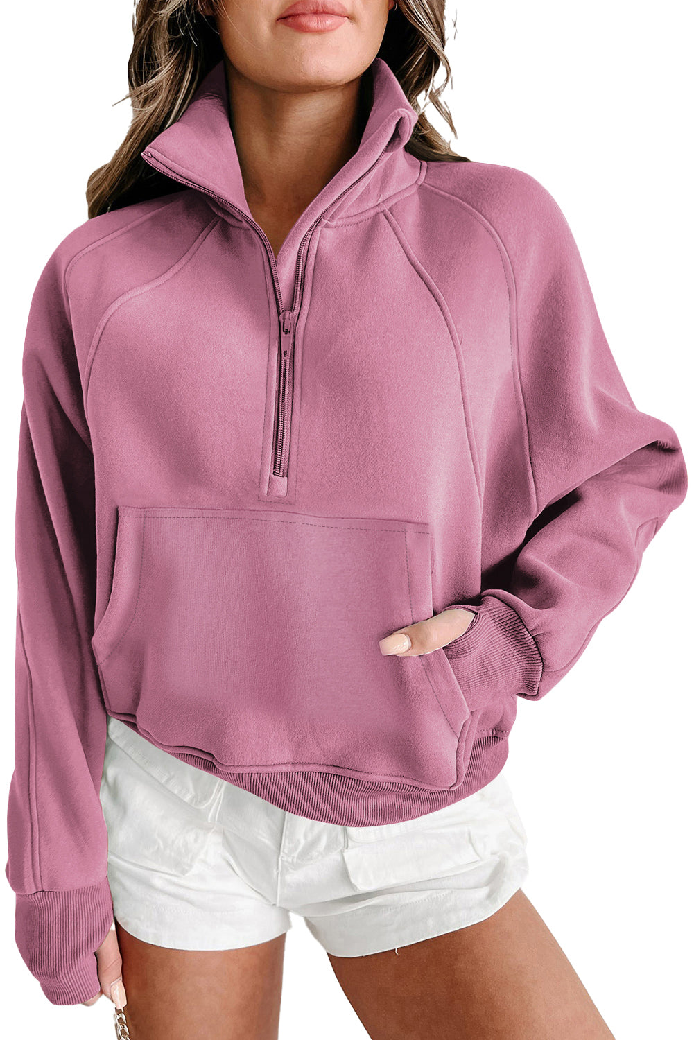 Aruba Blue Quarter Zip Stand Neck Kangaroo Pocket Sweatshirt