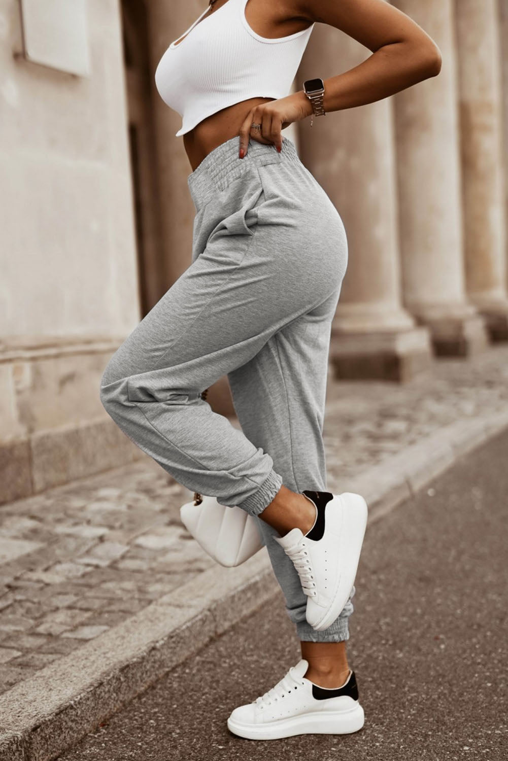 Grey Smocked Casual High Waist Pocket Jogger Pants