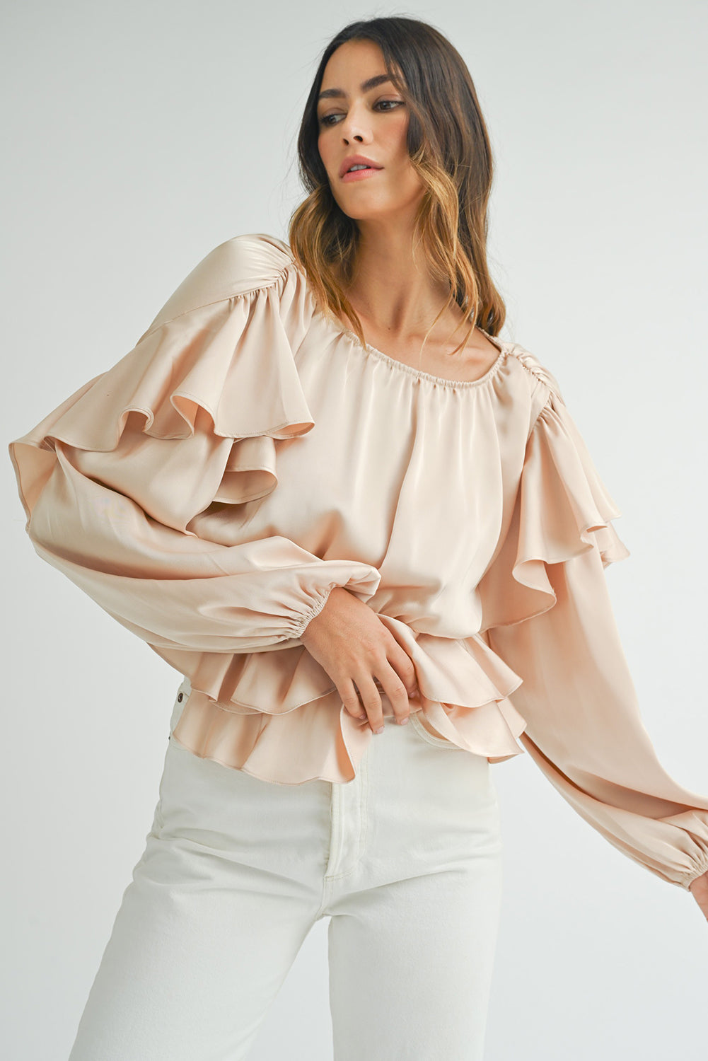 Oatmeal Elegant Satin Ruffle Long Sleeve Blouse