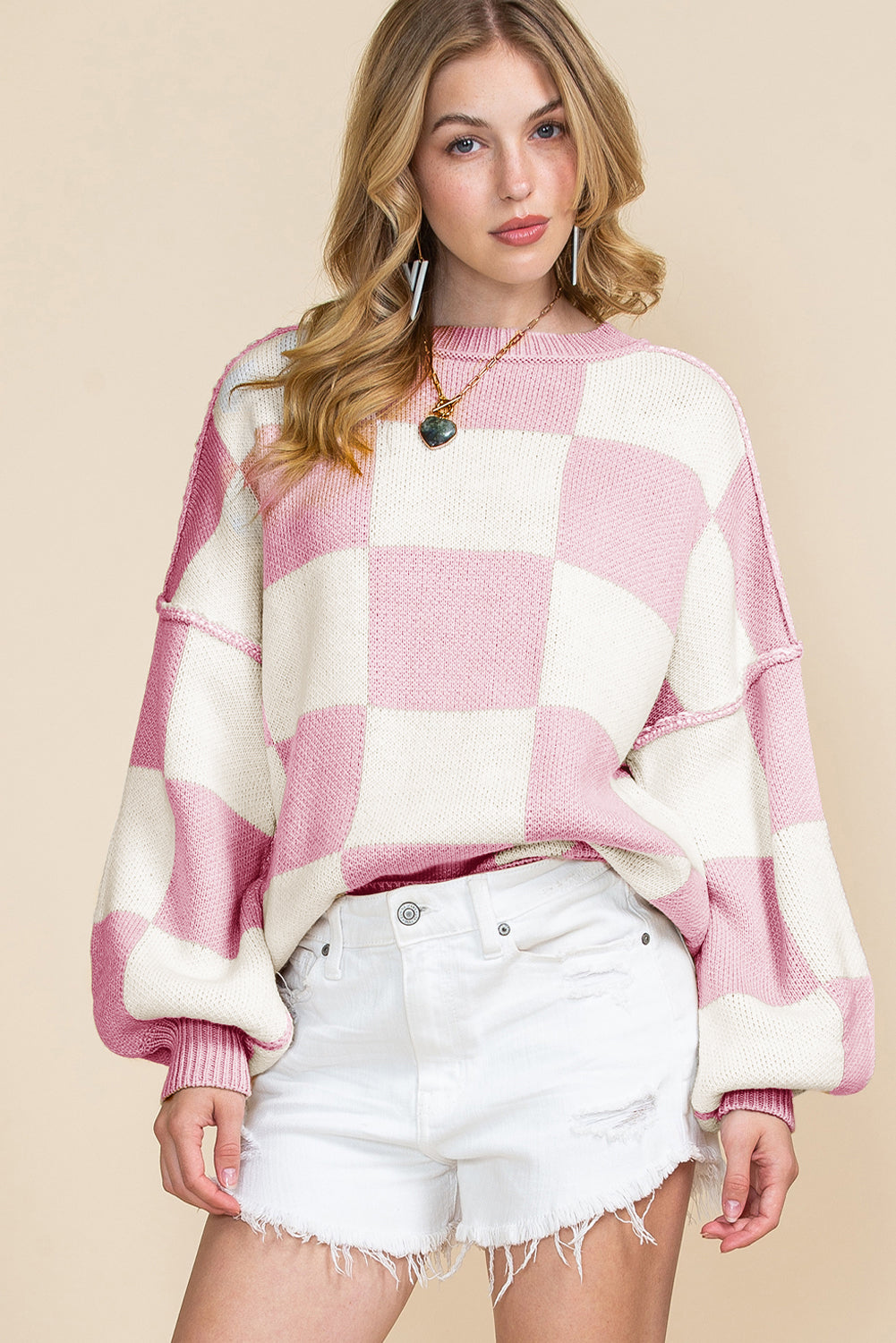 Gray Checkered Bishop Sleeve Pullover Sweater