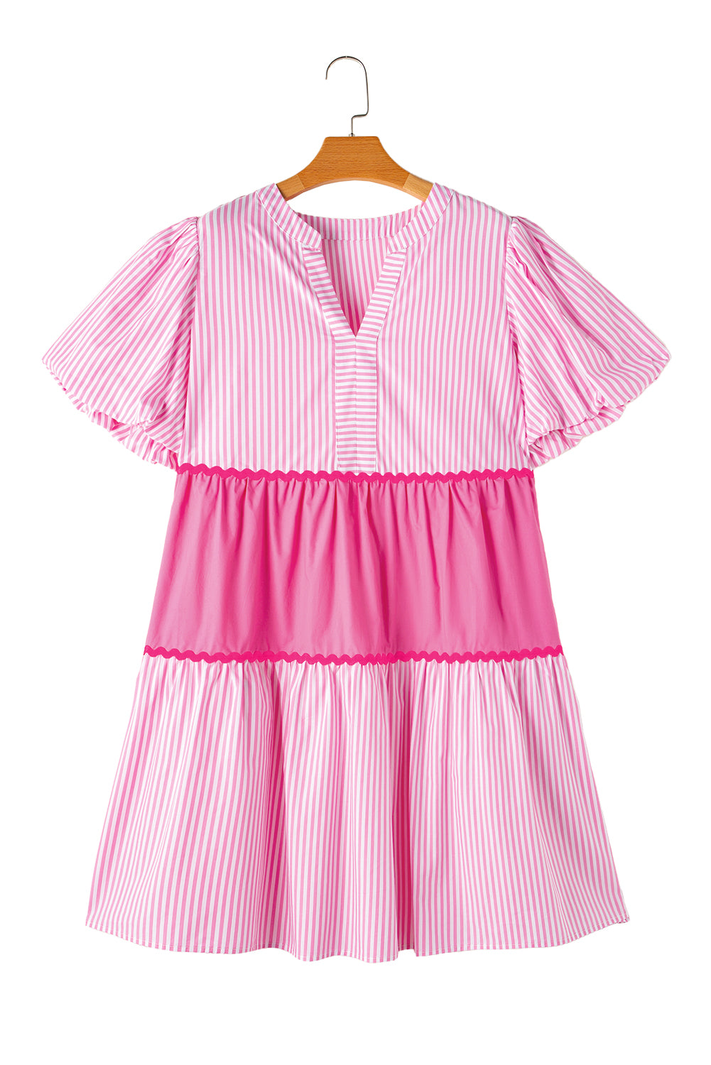 Pink Ric Rac Puff Short Sleeve Striped Flowy Plus Dress