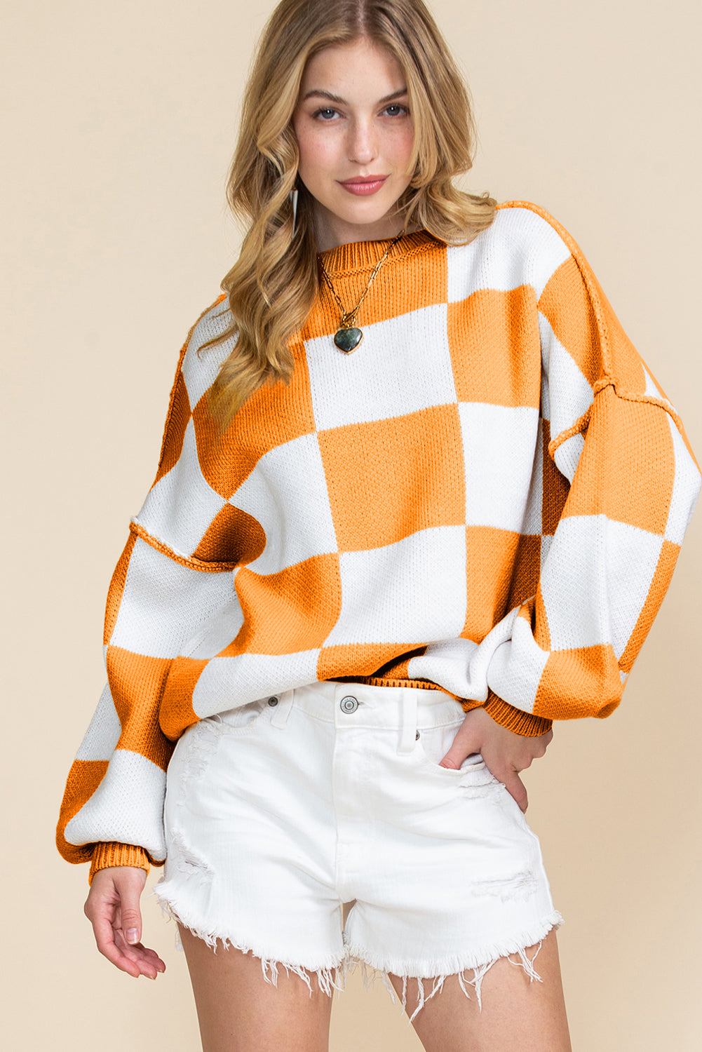 Gray Checkered Bishop Sleeve Pullover Sweater