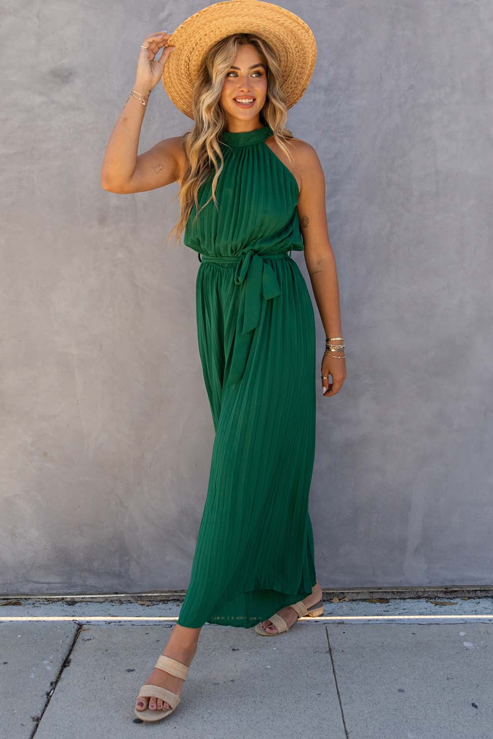 Green Elegant Halter Neck Belted Pleated Wide Leg Jumpsuit