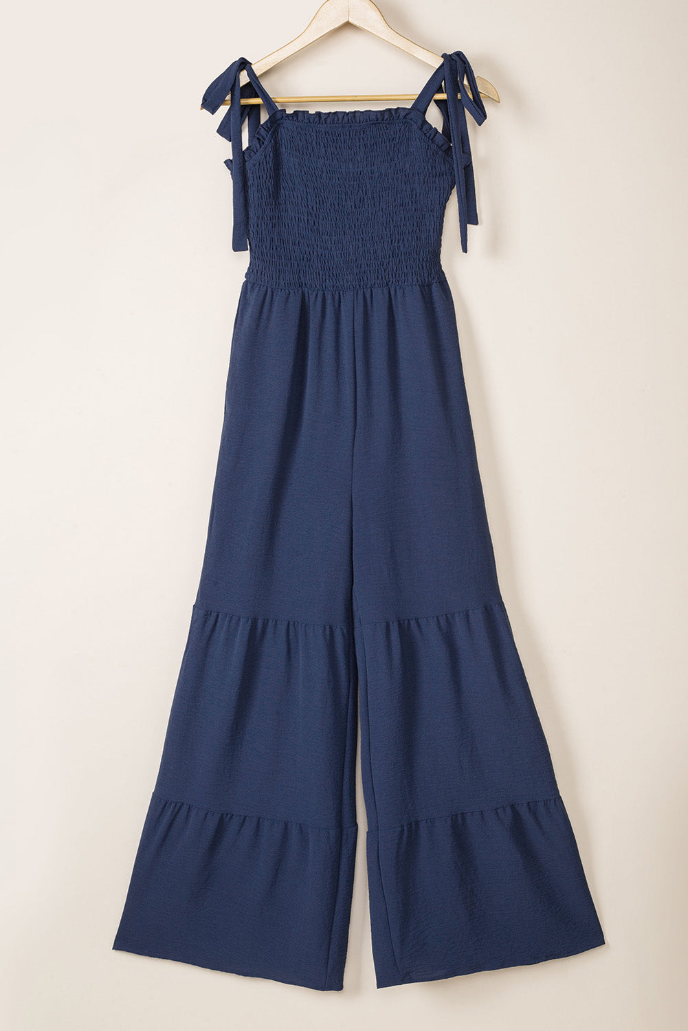 Dark Blue Tie Straps Shirred Casual Tiered Wide Leg Jumpsuit