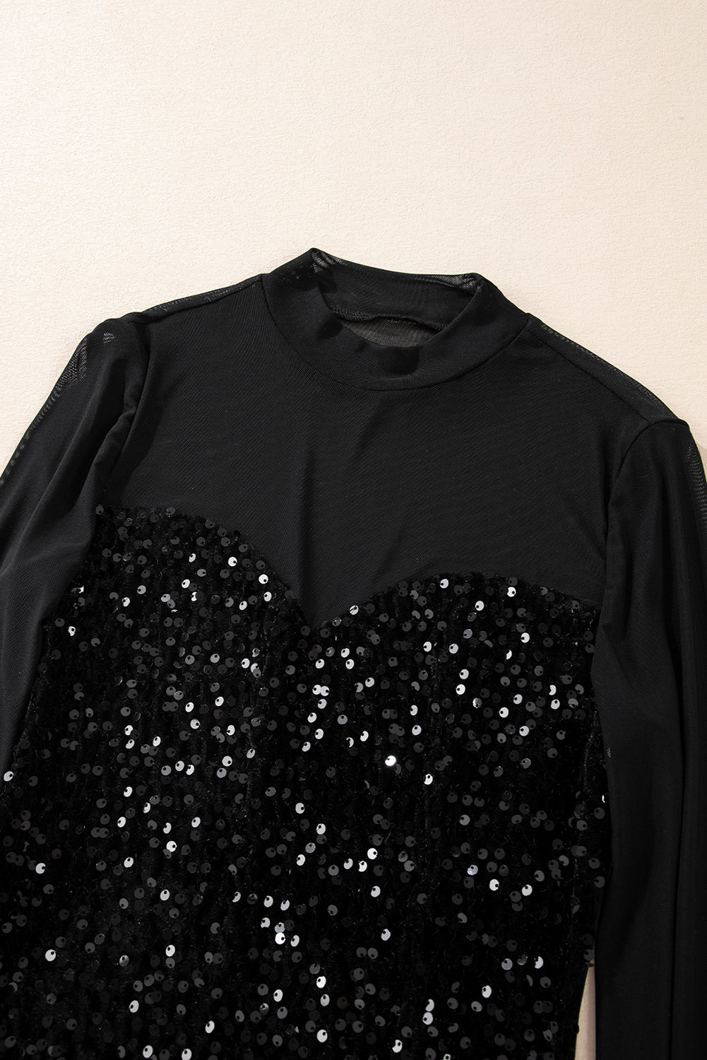 Black Sequin Sheer Mesh Patchwork Mock Neck Blouse