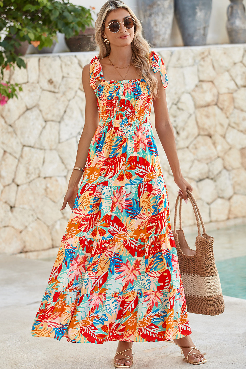 Multicolor Boho Tropical Print Smocked Ruffle Tiered Maxi Dress