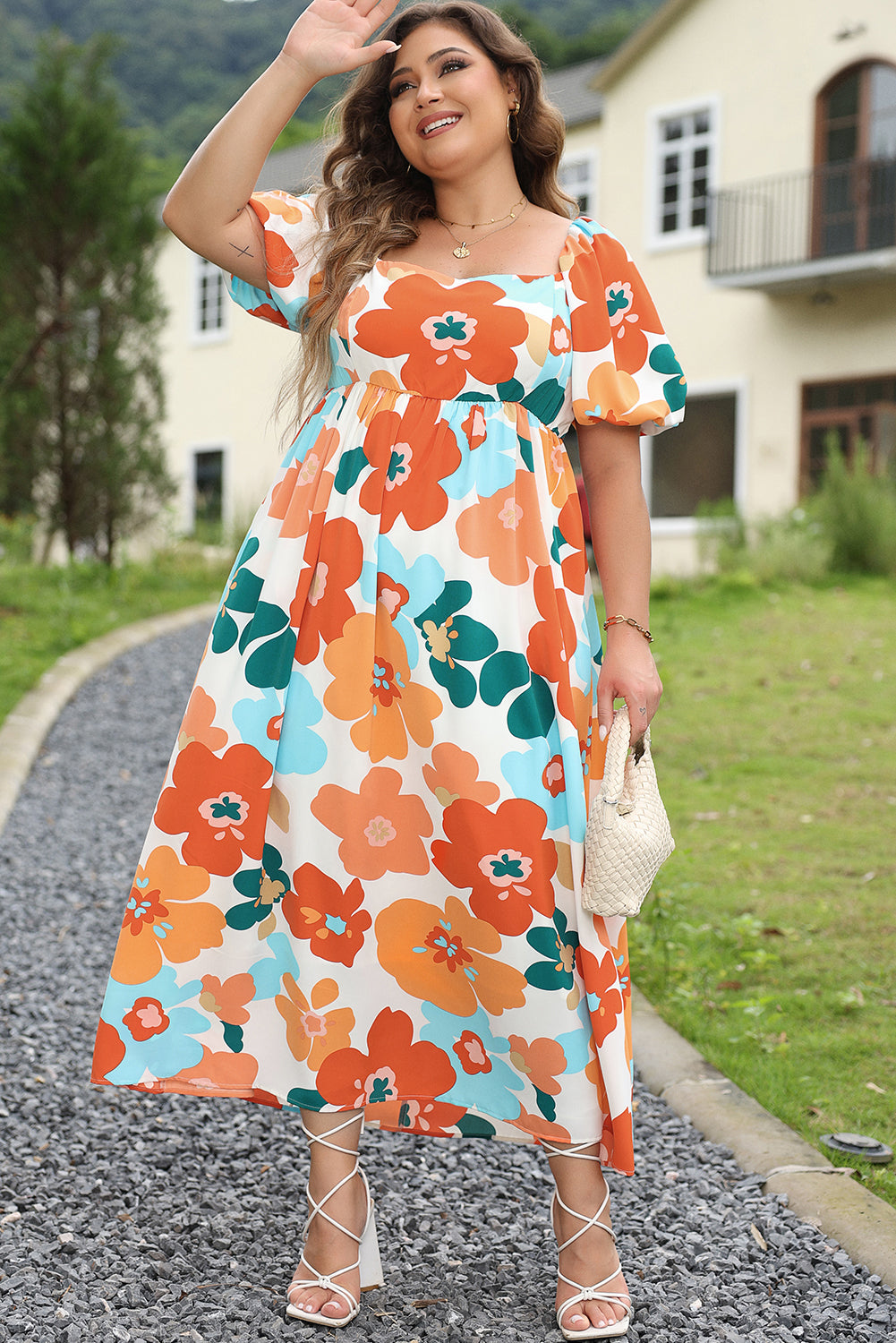 Orange Plus Size Floral Print Square Neck Maxi Dress