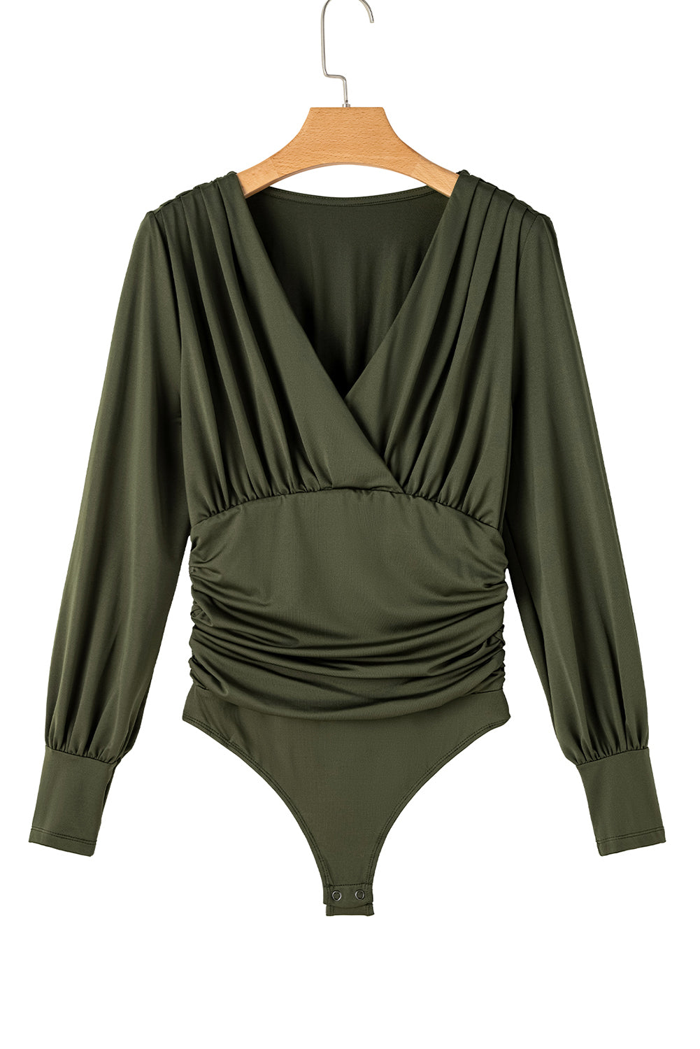 Moss Green Wrap V Neck Ruched Long Sleeve Bodysuit