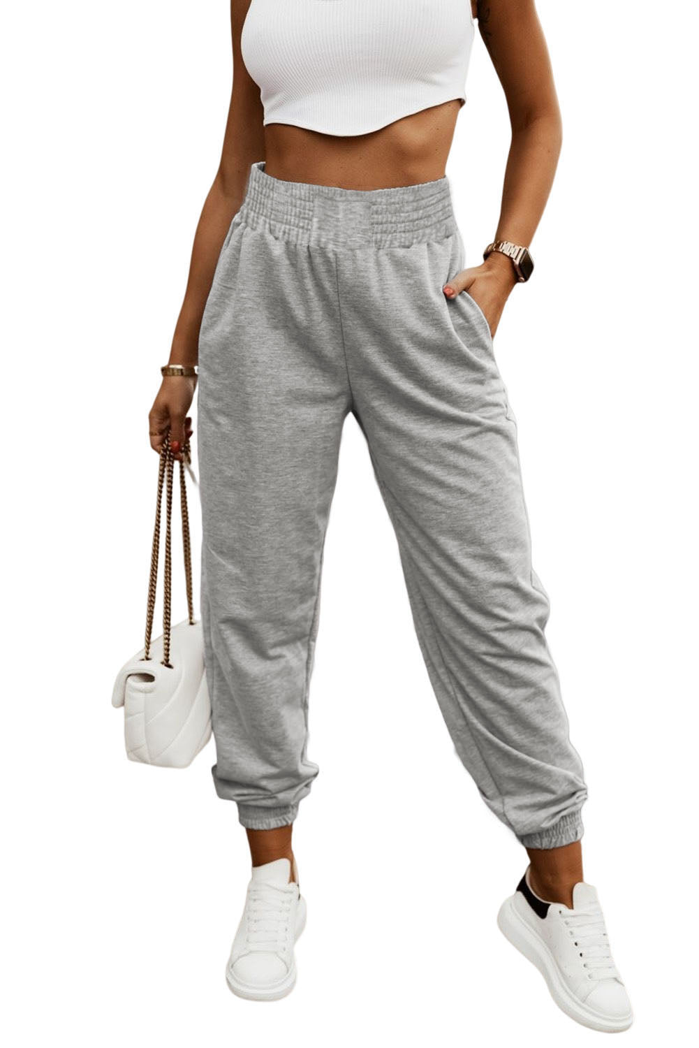 Grey Smocked Casual High Waist Pocket Jogger Pants