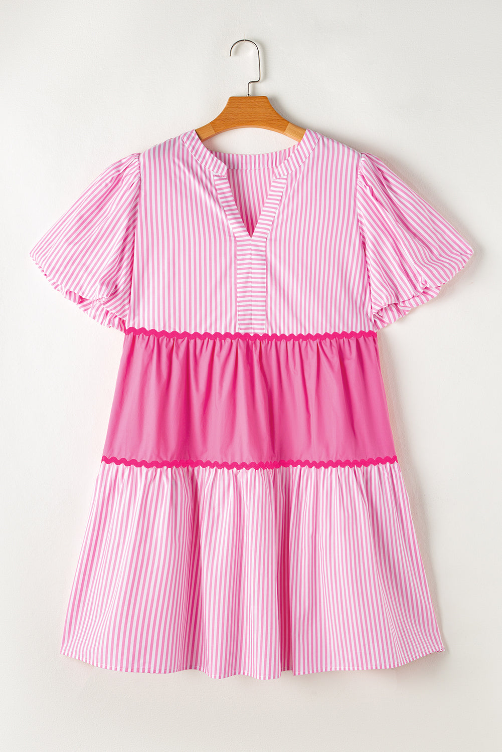 Pink Ric Rac Puff Short Sleeve Striped Flowy Plus Dress