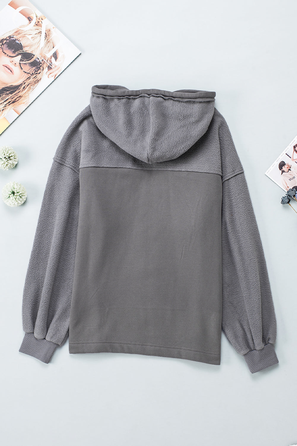 Grey Bishop Sleeve Zip Up Hoodie Jacket with Flap Pockets